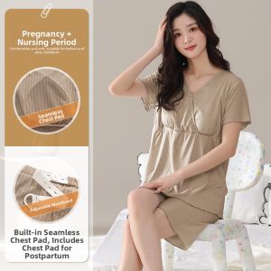 miiow | Maternity Sleepwear Short Sleeve Womens Summer Padded Chest Home Clothes V-neck Short Pants Comfortable Sleep Suit For Pregnant Ladies