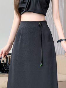 Váy Midi Chữ a Màu Đen Phong Cách Trung Hoa Mới Cho Nữ Mùa Xuân Bằng Vải Satin Acetate Cạp Cao Váy Chữ a Thiết Kế Nút Thắt
