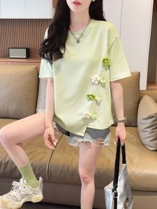 Loose Korean Style Womens T-shirt Summer Fashion Anti-Aging Floral Design Short Sleeve round Neck Casual Top for Younger Look