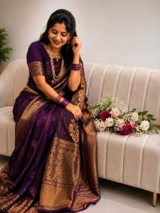 Taara luxe Mangalagiri Pattu Kanjevaram Border Purple Light Weight Pattu Saree Premium Handlooms Easy to Drape.