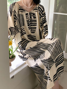 Summer Print Cotton Silk Nightdress Stripes Womens Summer plus Size Pajamas Loose Plus Size Ladies Mid Length Long Length National Style Cotton Silk Skirt Thin