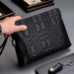 Large Capacity Leather Handbag for Men Casual Business Grip Bag with Password Lock Cowhide Shoulderless Square Shape Handbag