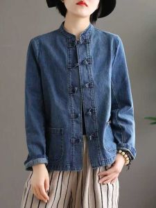 New Chinese Style Womens Stand Collar Denim Jacket Embroidered Ethnic Spring Summer Top Artistic Retro Outerwear Jacket