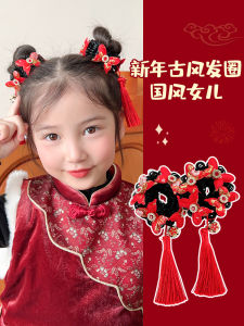 ริบบิ้นผมสไตล์จีนสำหรับเด็กผู้หญิง ริบบิ้นตกแต่งผมแบบหางม้าสีแดง เครื่องประดับผมสไตล์ปีใหม่สำหรับเด็กผู้หญิง