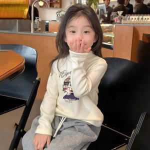 Girls Long Sleeve Fleece Lined Base Layer Shirt Childrens Brushed Thermal Top Half High Collar Baby Cartoon Inner Wear Kids Clothes