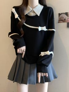 Áo Thun Nữ Tay Dài Cổ Polo Kẻ Sọc Cỡ Lớn Mùa Thu Đầu Năm 2025 Áo Khoác Ngoài Có Thắt Nút Bướm Hai Mảnh Giả