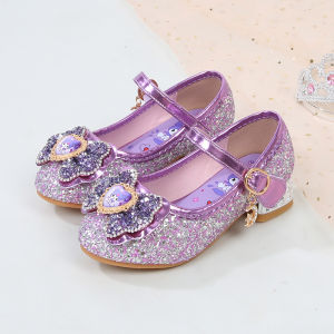 รองเท้าส้นสูงสีม่วงสำหรับเด็กผู้หญิง รองเท้าส้นแบนแบบสวมสำหรับเด็กผู้หญิง ทรงหัวมน รองเท้าหนังประดับคริสตัล รองเท้าทรงหัวมน ส้นแบน