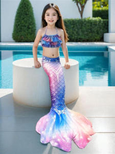 Girls Mermaid Tail Swimsuit Bikini Performance Swimming Costume Separate Swimwear Princess Skirt for Medium to Large Children
