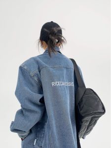 Retro Design Heavy Duty Vintage Denim Jacket Womens Loose Fit Fashionable Embroidered Shoulder Pad Long Sleeve Cotton Polo Collar