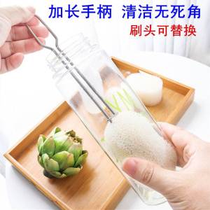Stainless Steel Long Handle Cup Cleaning Brush Sponge Dishware Stain Removal Wash Cup Brush Replaceable Brush Head Household Tools