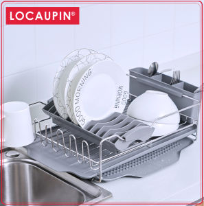 Locaupin Kitchen Detachable Stainless Steel Dish Rack Kitchen Sink Organizer and Drainboard Set Large Capacity Dish Drainer