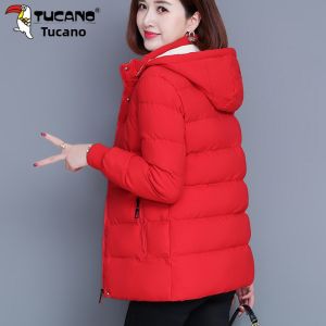 TUCANO Winter Thickened Short down Cotton Jacket Womens Fleece Lined Padded Coat Korean Style Commute Pure Color Zipper