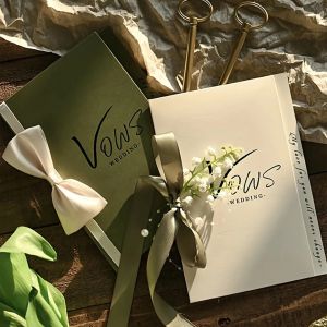 2PCS Wedding Vows Cards Set with Satin Ribbon Bow Lily of the Valley Decor for Wedding Ceremony Bridal Shower Wedding Keepsake