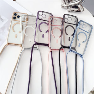 For iPhone 17 Air 16 15 Plus 14 Pro Max 13 12 11 Phone Case Necklace Lanyard Crossbody For Magsafe Magnetic Plating Clear Cover