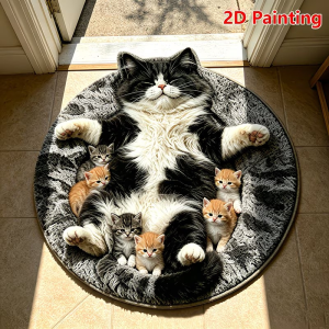 VIKAMA Cute Cat Round Rug Anti-slip Fur Bedside Rug for Bedroom Living Room Entrance Floor Mat Home Decoration