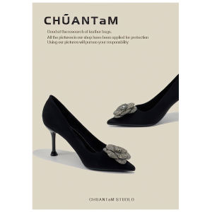 Elegant Black Flower Pointed Toe High Heels Womens Fine Heel Party Shoes Commute Style Diamond Element Sheepskin Interior