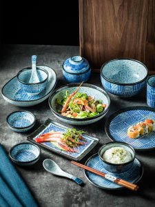 Ceramic Cutlery Bowl and Plates Complete Set of Accessories Upscale Retro Pattern Plate Dish Soup Plate Salad Fruit Plate Dumpling Bowl Plate