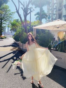 ชุดเดรสยาวสไตล์ฝรั่งเศส ชุดไปงานวันเกิดชายหาด ชุดหวาน แขนกุด คอวี กระโปรงทรงเค้ก ชุดเดรสผู้หญิง ชุดเดรสฤดูร้อน