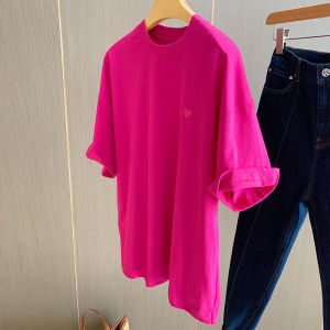Embroidered Heart White Pink Loose Cotton Short Sleeve T-Shirt Womens Casual Style Spring Summer New Heavyweight Pure Cotton Top