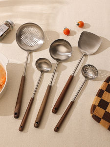 304 Stainless Steel Kitchen Utensil Set Wok Spatula Walnut Wood Handle Mushroom Shaped Ladle Home Use Soup Spoon Strainer