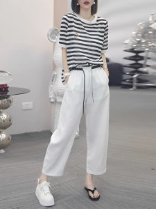 Shalldoer | High Waist Wide Leg Pants Short Sleeve Round Neck Two Piece Set Women Summer Stripe Color Block T-Shirt Casual Comfortable