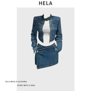 HELA Retro American Short Denim Jacket Womens Spring Summer plus Size Design Sensation Skirt Pants Set Fashionable Commute