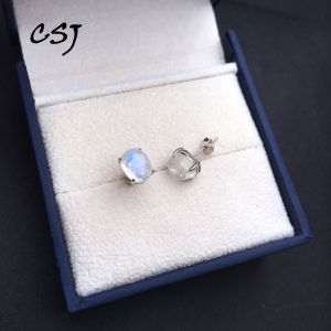 100% Natural Blue Moonstone Stud Earrings 925 Sterling Silver Gemstone 6*8mm Jewelry for Women Lady Wedding Party Birthday Gift
