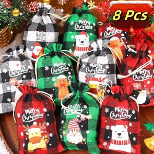 กระเป๋าคริสต์มาส Xmas กระเป๋าผ้าลินินคริสต์มาส8/4ชิ้นห่อขนมบิสกิตสำหรับเด็กปีใหม่