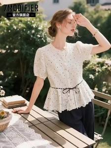 7.Modifier | Áo Búi Cổ Dây Nơ Đính Chấm Bi Thời Trang