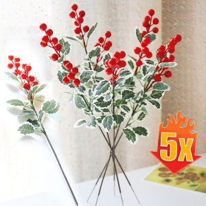 🔥Hot 🔥 5pcs Christmas Red Berry Articifial Flower Holly Leaves DIY Wreath Branch Christmas Tree Decor Ornament Gift Packaging Home Decoration