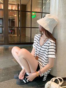 V-Neck Black and White Striped T-Shirt Short Sleeve