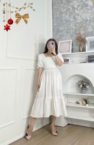 CHRSTMAS EDITION 🎄🎅🏻✨🤍   - Samantha Waist Smocked Midi Dress -  bahan katun linen HQ ( adem nyaman bertekstur ) -  L.Dada upto 106cm