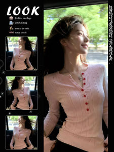 Korean Style Sweet Pink V-Neck Long Sleeve Knitwear Women