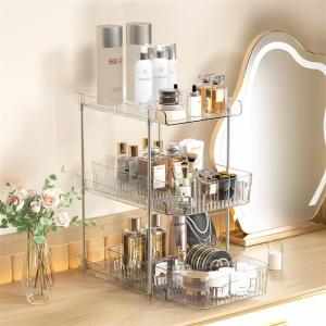 New Luxury Bathroom Bedroom Makeup Desk Transparent PET Storage Rack Pull out Cosmetic Organizer Desktop Shelf Two Layers