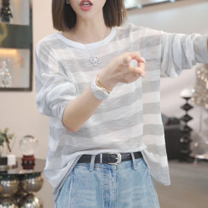 Shalldoer | Áo thun dài tay mỏng mùa hè mới rộng rãi giảm béo thường ngày chống nắng che phủ cổ tròn sọc phong cách Hàn Quốc thường ngày giản dị