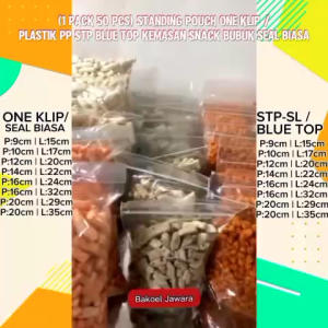 ( 1 PACK 50 PCS ) STANDING POUCH ONE KLIP PLASTIK PP STP BLUE TOP KEMASAN SNACK BUBUK SEAL BIASA