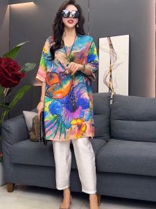 Summer Elegant V-Neck Printed Large Size Top And Pants Two-Piece Set New Chinese Fashion Meat Concealing Mommy Clothes