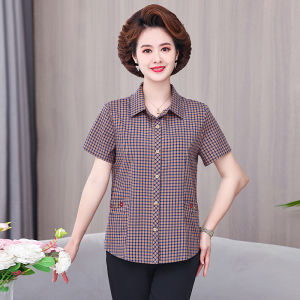 Fashionable Casual Plaid Short Sleeve Womens Shirt Spring Summer New Arrival Moms Clothing Comfortable Breathable Polyester Fiber