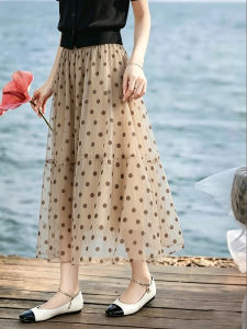 Lightweight High-waist Tulle-spliced Pleated A-line Skirt