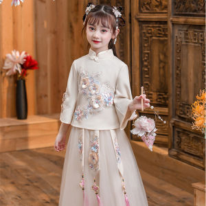 Spring Autumn New Style Hanfu Fairy Girl Baby Two Piece Set Traditional Costume Cotton Blend Fabric Childrens Clothing