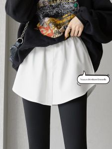 เสื้อสเวตเตอร์คอวีทรงหลวมสำหรับผู้หญิง กระโปรงทรงเอ ทรงหลวม แขนยาว ปกปิดสะโพก ชุดสองชิ้นปลอม ฤดูใบไม้ร่วง/ฤดูหนาว