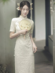 ชุดกี่เพ้าฤดูร้อนสำหรับเด็กผู้หญิง ชุดเดรสยาวสไตล์วินเทจแบบเรียบง่าย แขนสั้น คอวี ทรงเข้ารูป ชุดกี่เพ้าสไตล์ใหม่