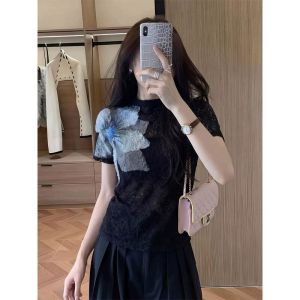 Black Printed Round-neck Short Sleeve Slimming T-shirt