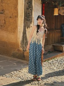 กางเกงขากว้างสายเดี่ยวโครเชต์สไตล์วินเทจทำด้วยมือสไตล์ชนเผ่าพื้นเมืองสำหรับท่องเที่ยวประเทศไทยต้าหลี่ยูนนานฤดูร้อนเซ็ตเสื้อผ้าสำหรับออกไปเที่ยวในวันหยุด