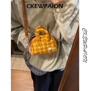 Chic Mini Shell Crossbody Bag for Women Elegant Luxury Casual Style Canvas Material Checkered Pattern Bucket Shape Handbag