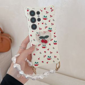 Samsung S25 Ultra Phone Case with Lanyard Four Corner Openings Soft Silicone Floral Embroidery Protection Lightweight Cherry Embroidery