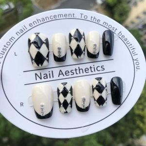Handmade Chessboard Design Luxury Wearable Nail Tips Diamond Rhinestone Rhombus Autumn Winter Style HyunA Trend Nail Art
