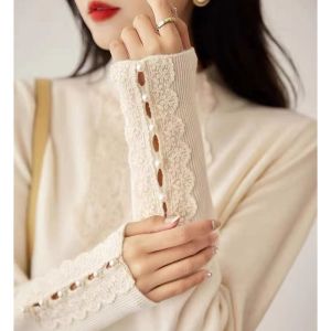 เสื้อสเวตเตอร์ถักคอปกสูงแบบฝรั่งเศสสไตล์ฮีเบอร์นี่ ดีไซน์เก๋ไก๋ ทรงบาง สีพื้น กระดุมเพชร ชั้นใน เสื้อผ้าทำงาน