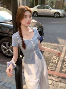 Áo Thun Tay Ngắn Ren Ngọt Ngào Mùa Hè Cho Nữ Áo Ngắn Vai Nơ Bướm Dáng Ôm Chất Liệu Cotton Phong Cách Ngọt Ngào Mùa Hè