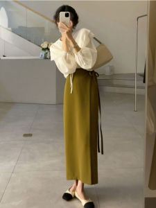 Korean Style Shoelace One-Piece Skirt Womens Spring and Autumn Stylish High Waist Hip Skirt Mid Length Long Length Step A- Line Skirt Summer